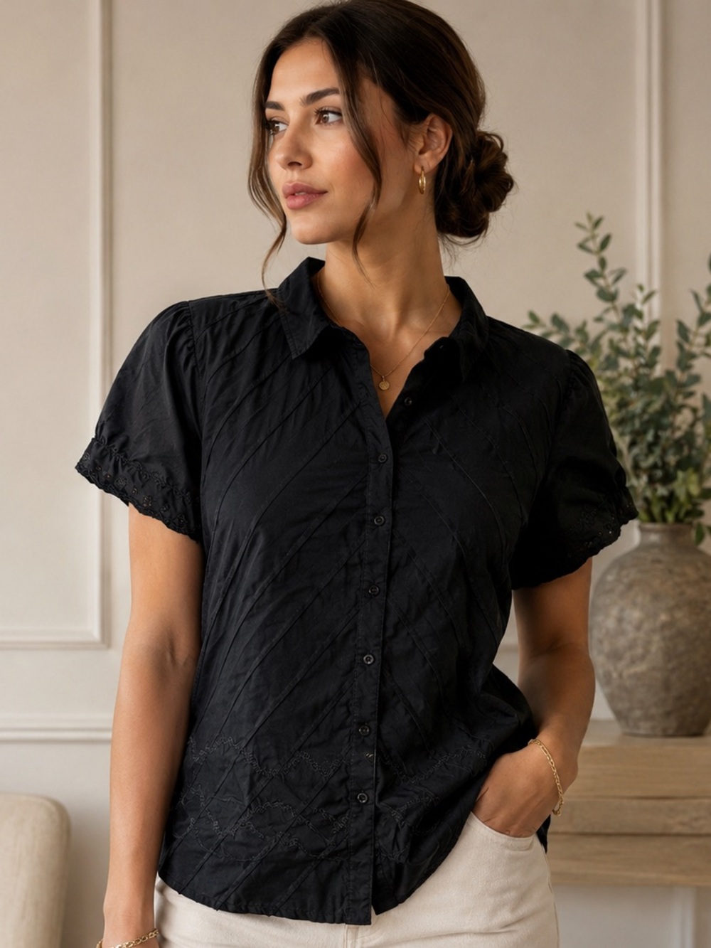 Johnny Was Collection Black 100% Cotton Embroidered Boho Top XL